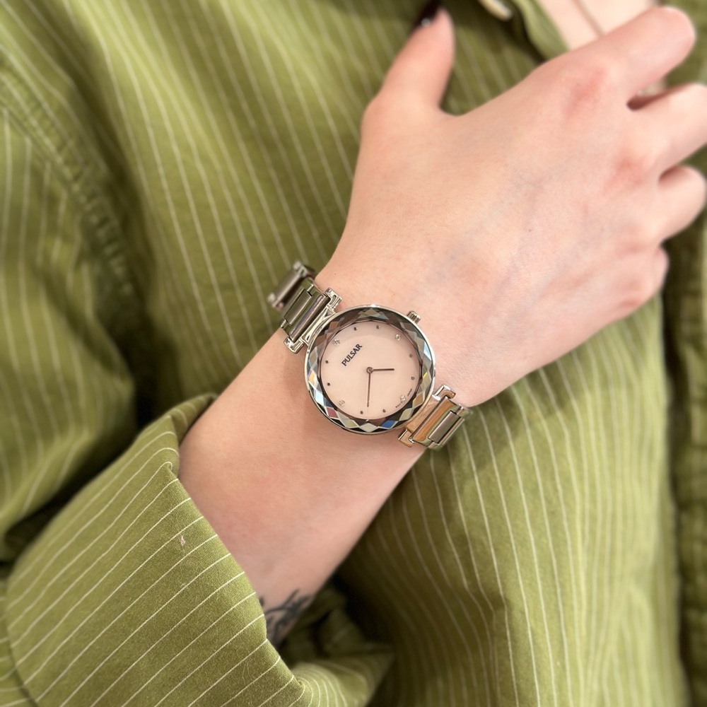 Pulsar Pink Pearl & Silver Watch w/ Crystal Accents